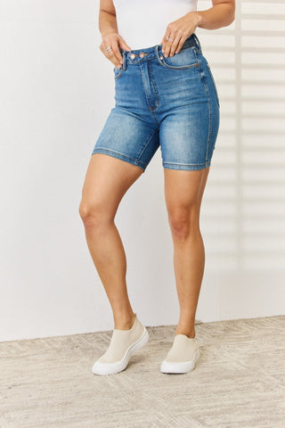 Tummy Control Double Button Bermuda Denim Shorts by Judy Blue - A Roese Boutique