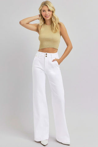 Tummy Control Double Button Wide Leg Jeans by RISEN - A Roese Boutique