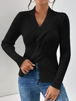 Twist Front Ribbed Long Sleeve Sweater - A Roese Boutique