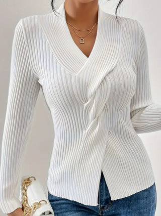 Twist Front Ribbed Long Sleeve Sweater - A Roese Boutique