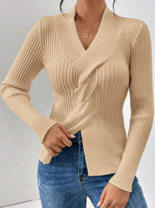 Twist Front Ribbed Long Sleeve Sweater - A Roese Boutique