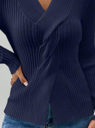 Twist Front Ribbed Long Sleeve Sweater - A Roese Boutique