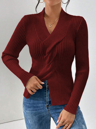 Twist Front Ribbed Long Sleeve Sweater - A Roese Boutique