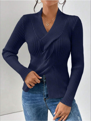 Twist Front Ribbed Long Sleeve Sweater - A Roese Boutique