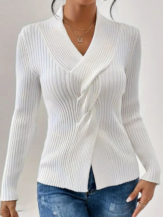 Twist Front Ribbed Long Sleeve Sweater - A Roese Boutique