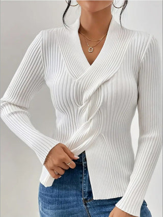 Twist Front Ribbed Long Sleeve Sweater - A Roese Boutique