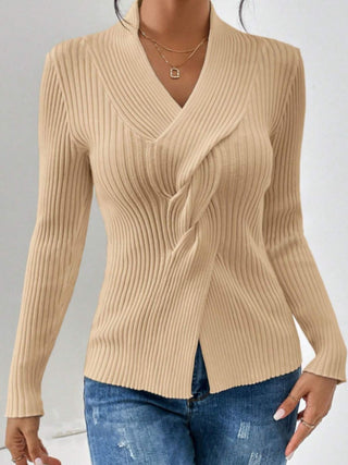 Twist Front Ribbed Long Sleeve Sweater - A Roese Boutique