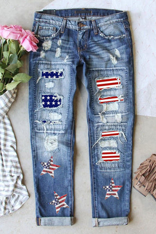 US Flag Mid-Rise Waist Straight Jeans - A Roese Boutique