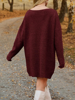 V - Neck Dropped Shoulder Sweater Dress - A Roese Boutique