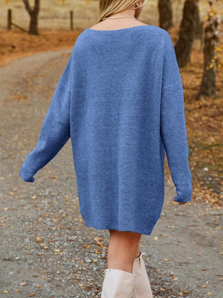 V - Neck Dropped Shoulder Sweater Dress - A Roese Boutique