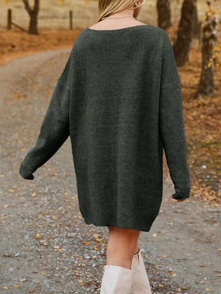 V - Neck Dropped Shoulder Sweater Dress - A Roese Boutique