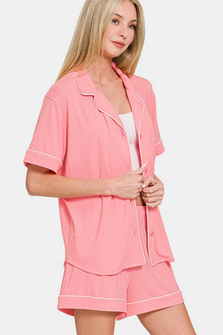 Zenana Button Down Short Sleeve Top and Shorts Lounge Set - A Roese Boutique