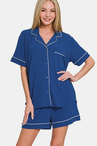 Zenana Button Down Short Sleeve Top and Shorts Lounge Set - A Roese Boutique