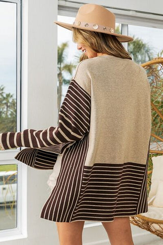 BiBi Striped Contrast Long Sleeve Slit Top - A Roese Boutique