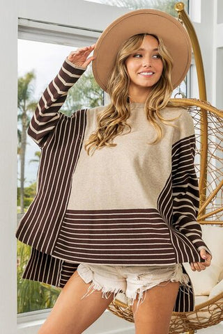 BiBi Striped Contrast Long Sleeve Slit Top - A Roese Boutique