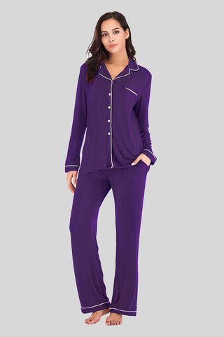 Collared Neck Long Sleeve Loungewear Set with Pockets - A Roese Boutique