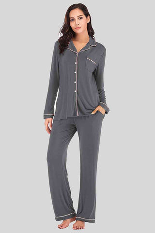 Collared Neck Long Sleeve Loungewear Set with Pockets - A Roese Boutique