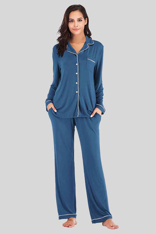 Collared Neck Long Sleeve Loungewear Set with Pockets - A Roese Boutique