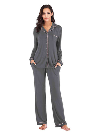 Collared Neck Long Sleeve Loungewear Set with Pockets - A Roese Boutique