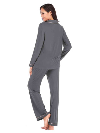 Collared Neck Long Sleeve Loungewear Set with Pockets - A Roese Boutique