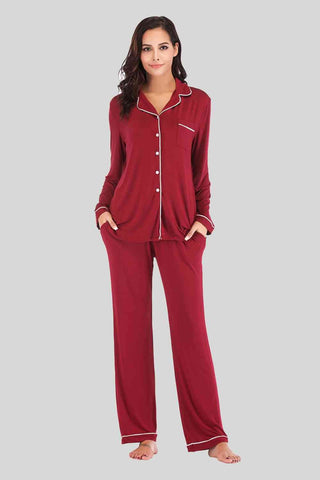 Collared Neck Long Sleeve Loungewear Set with Pockets - A Roese Boutique