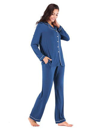 Collared Neck Long Sleeve Loungewear Set with Pockets - A Roese Boutique