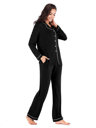 Collared Neck Long Sleeve Loungewear Set with Pockets - A Roese Boutique