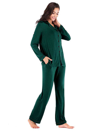 Collared Neck Long Sleeve Loungewear Set with Pockets - A Roese Boutique