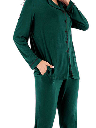 Collared Neck Long Sleeve Loungewear Set with Pockets - A Roese Boutique