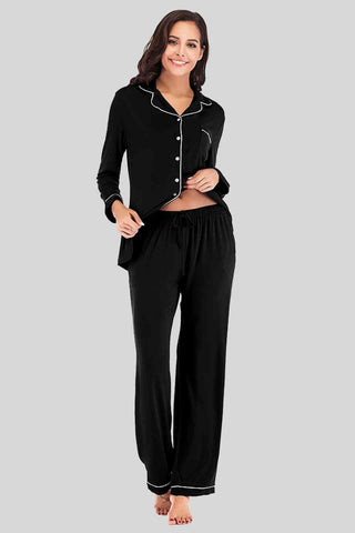 Collared Neck Long Sleeve Loungewear Set with Pockets - A Roese Boutique