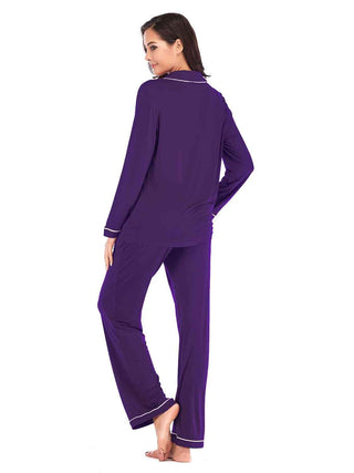 Collared Neck Long Sleeve Loungewear Set with Pockets - A Roese Boutique