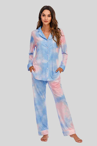 Collared Neck Long Sleeve Loungewear Set with Pockets - A Roese Boutique