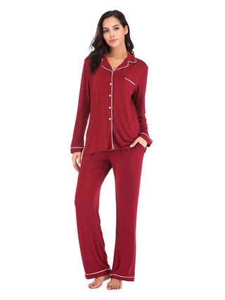 Collared Neck Long Sleeve Loungewear Set with Pockets - A Roese Boutique