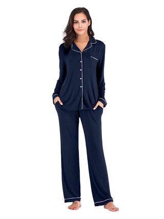 Collared Neck Long Sleeve Loungewear Set with Pockets - A Roese Boutique