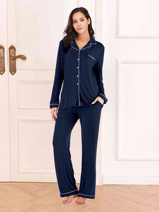Collared Neck Long Sleeve Loungewear Set with Pockets - A Roese Boutique