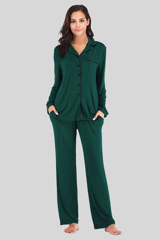 Collared Neck Long Sleeve Loungewear Set with Pockets - A Roese Boutique