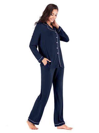 Collared Neck Long Sleeve Loungewear Set with Pockets - A Roese Boutique
