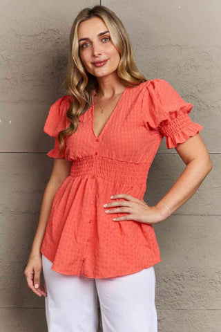 Culture Code Whimsical Wonders Full Size V-Neck Puff Sleeve Button Down Top - A Roese Boutique