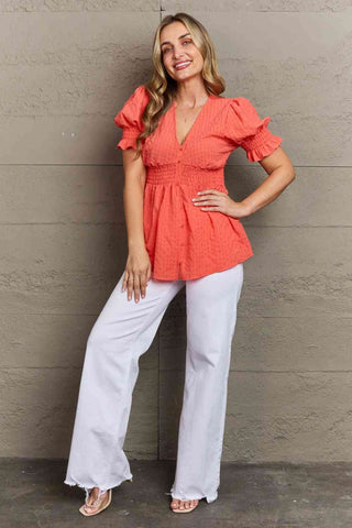 Culture Code Whimsical Wonders Full Size V-Neck Puff Sleeve Button Down Top - A Roese Boutique