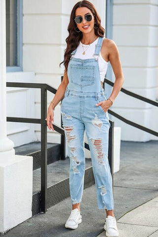 Distressed Denim Overalls with Pockets - A Roese Boutique