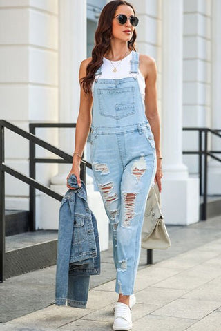 Distressed Denim Overalls with Pockets - A Roese Boutique