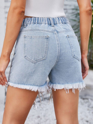 Distressed Pearl Trim Denim Shorts with Pockets - A Roese Boutique