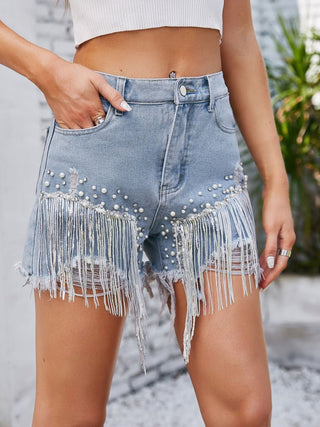 Distressed Pearl Trim Denim Shorts with Pockets - A Roese Boutique