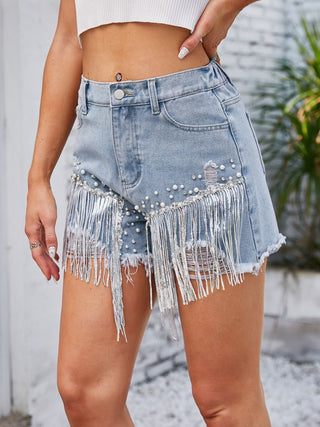Distressed Pearl Trim Denim Shorts with Pockets - A Roese Boutique
