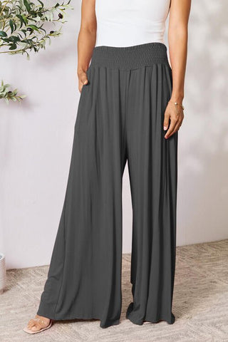 Double Take Full Size Smocked Wide Waistband Wide Leg Pants - A Roese Boutique