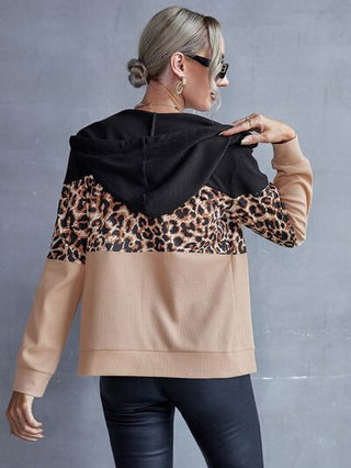 Drawstring Leopard Zip Up Hooded Jacket - A Roese Boutique