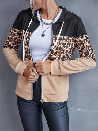 Drawstring Leopard Zip Up Hooded Jacket - A Roese Boutique