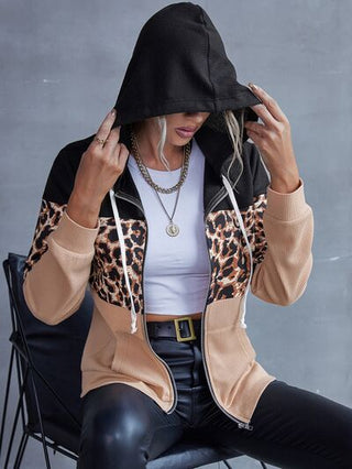 Drawstring Leopard Zip Up Hooded Jacket - A Roese Boutique