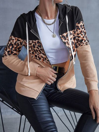 Drawstring Leopard Zip Up Hooded Jacket - A Roese Boutique