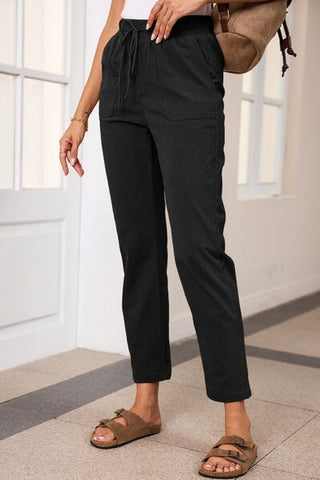 Drawstring Straight Pants with Pockets - A Roese Boutique